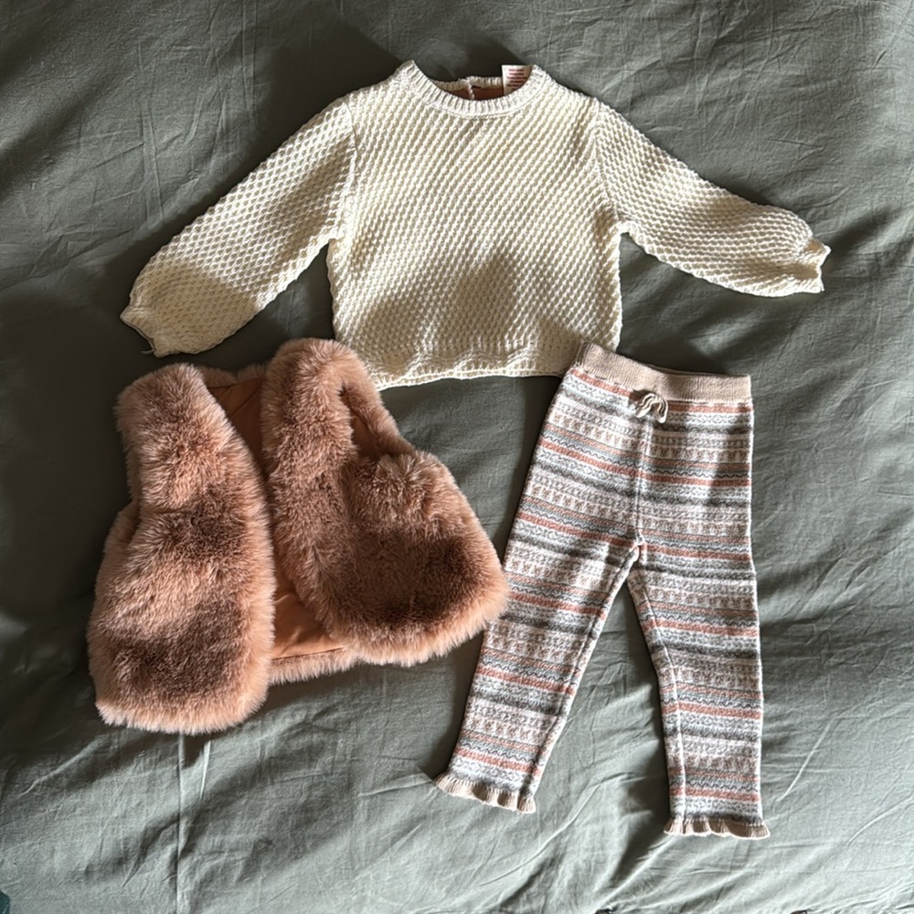 Cozy Knit Sweater, Patterned Pants, and Faux Fur Vest Set